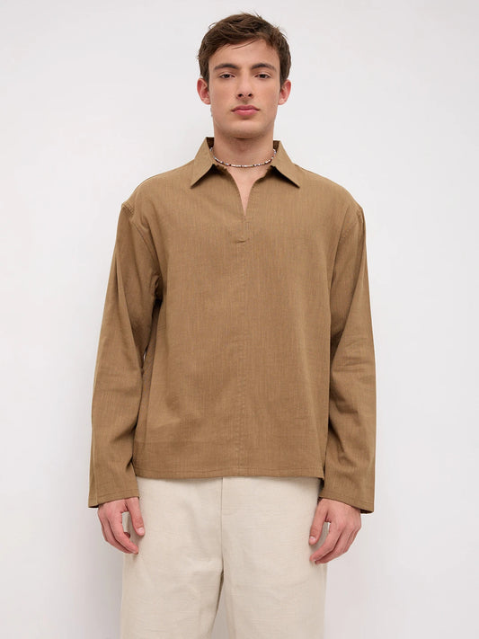 Khaki Slub Textured Center Seam Oversized Polo Shirt