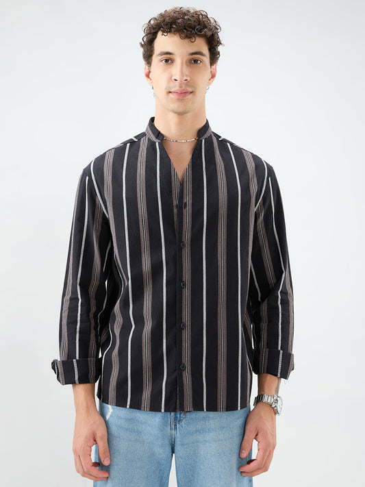 Black & Grey Striped Stand Collar Oversized Shirt