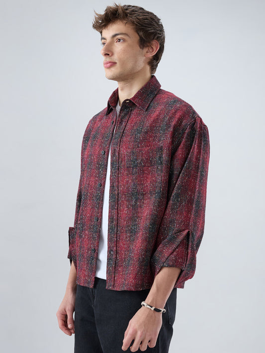 Silsila Shaam Glossy Maroon Textured Oversized Crop Shirt