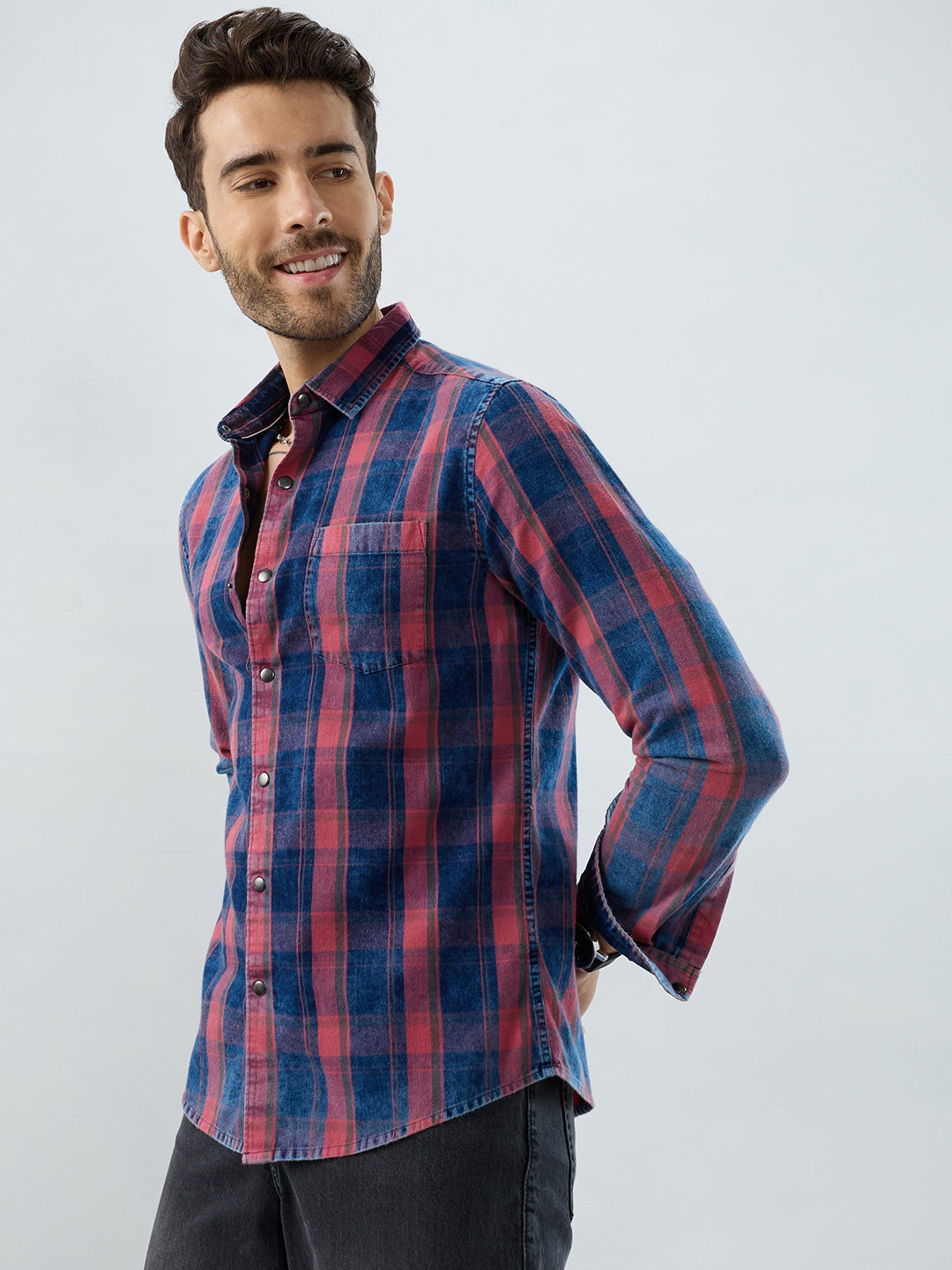 Elegant Navy & Desire Red Denim Plaid Checks Shirt