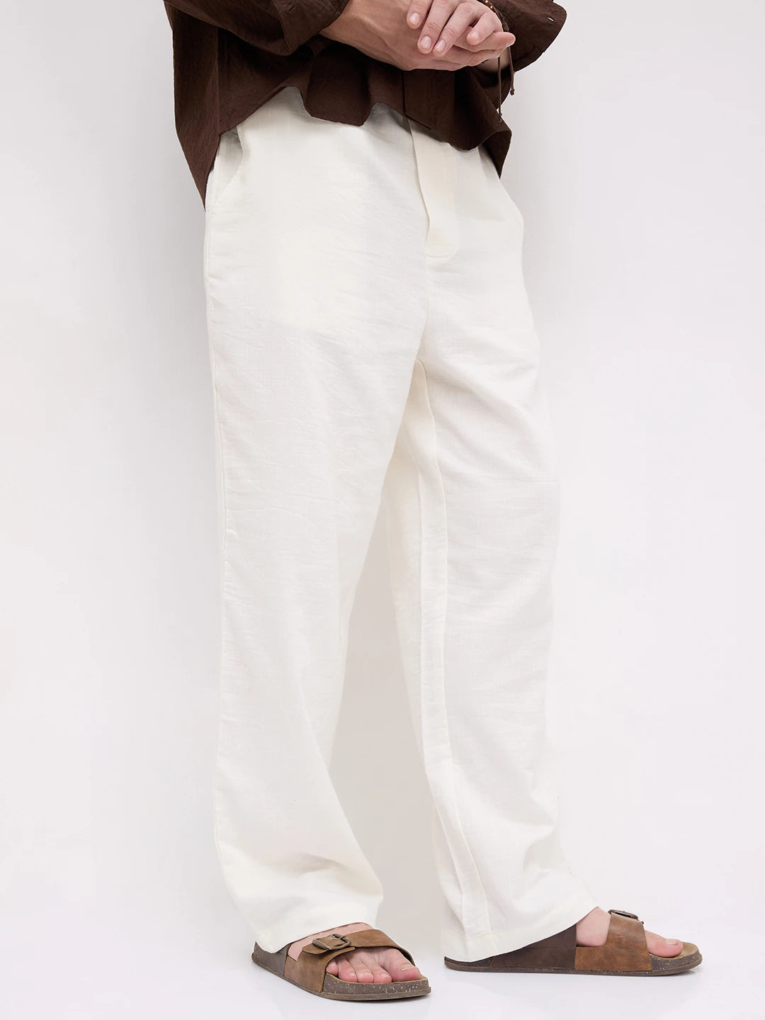 Pearl White Herringbone Textured Straight Fit Trousers