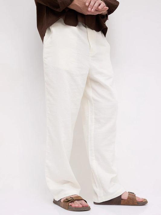 Pearl White Herringbone Textured Straight Fit Trousers