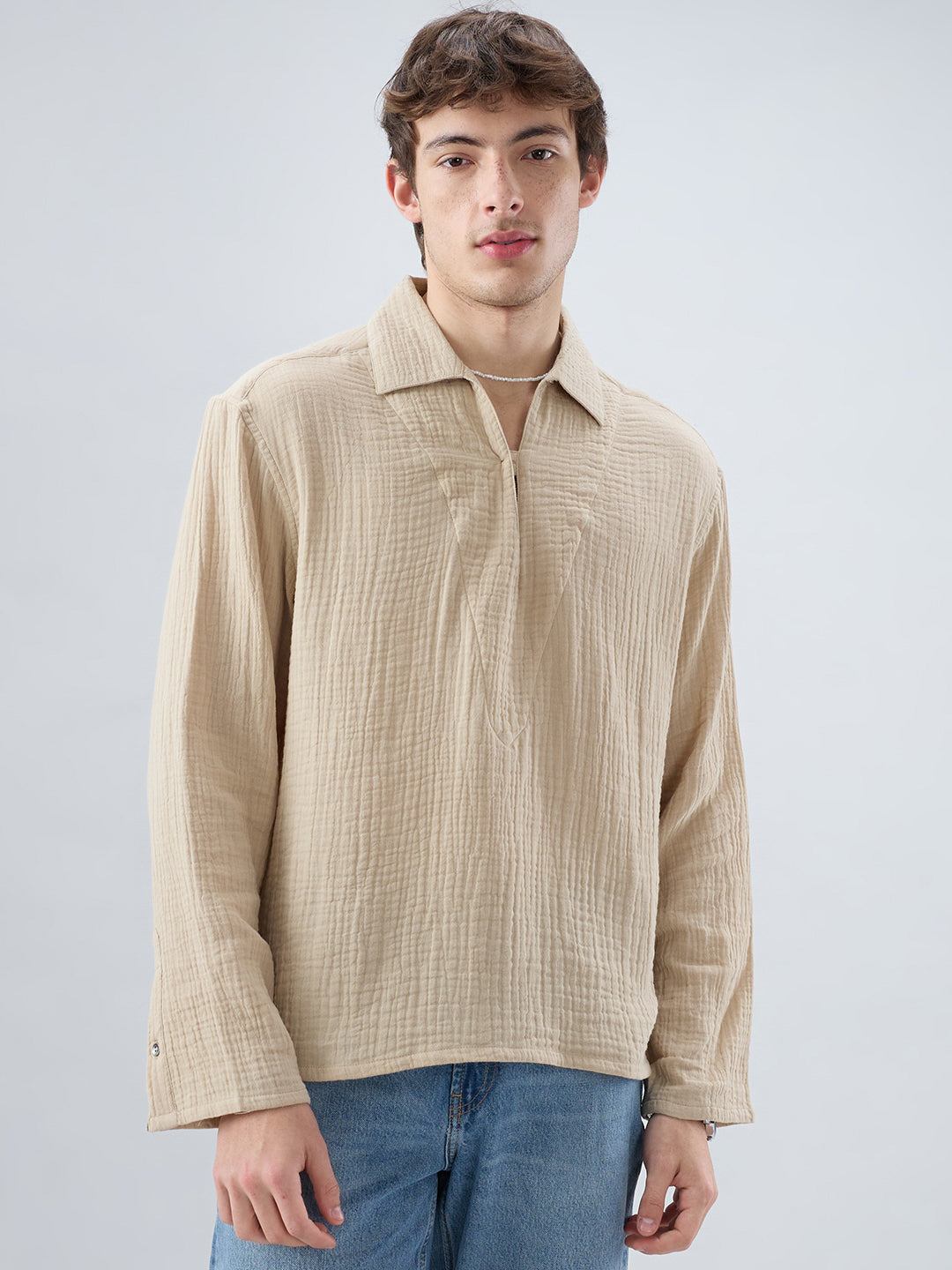 Latte Beige Double Cloth Cuffless Oversized Shirt