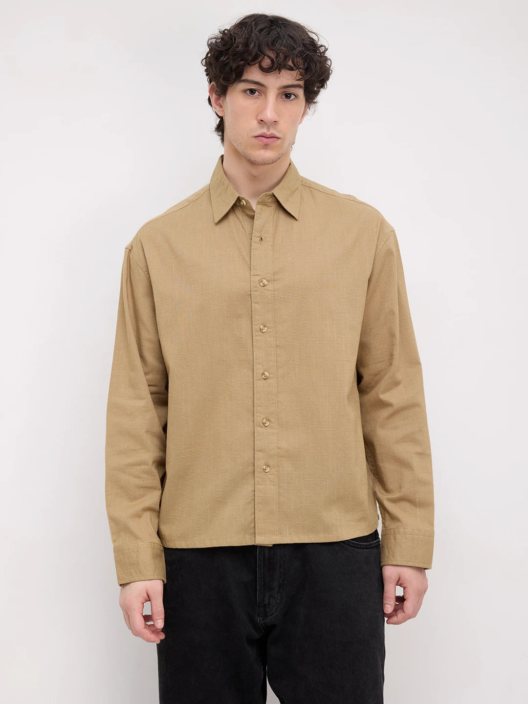 Rich Khaki Micro Square Textured Boxy Fit Crop Shirt