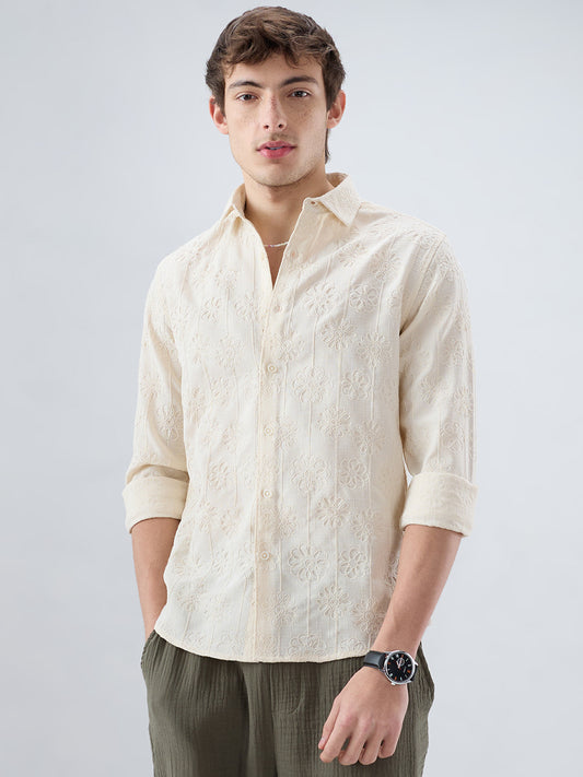 Serene Whispering Bloom Beige Embroidered Shirt