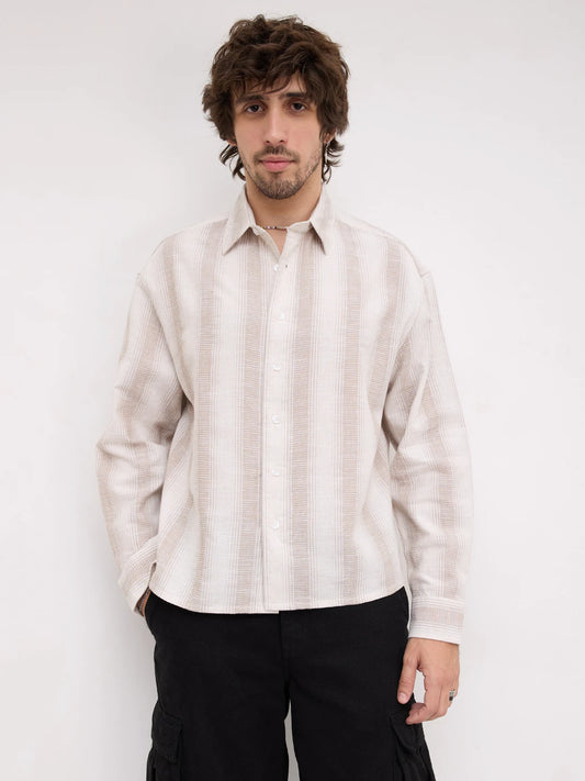 Premium Natural Beige Finegrain Striped Boxy Fit Crop Shirt