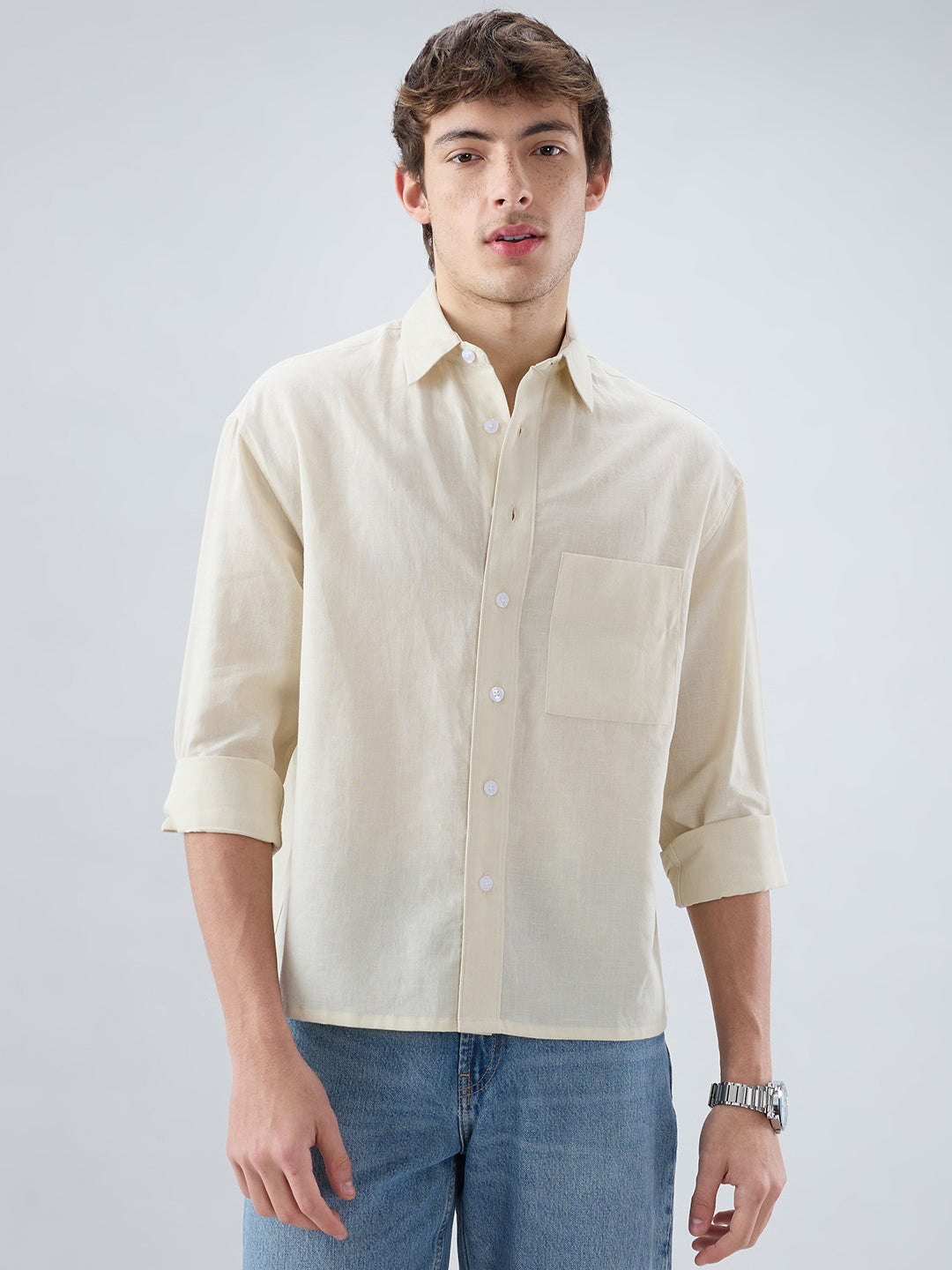 Luxe Off-White Fine Sheer Linen Blend Boxy Fit Crop Shirt