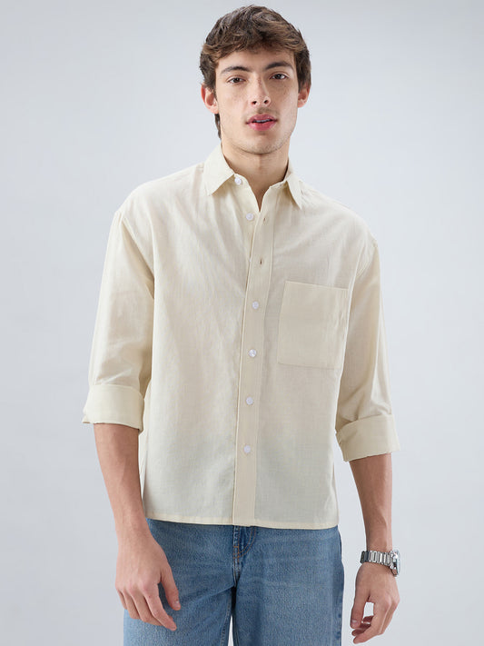 Luxe Off-White Fine Sheer Linen Blend Boxy Fit Crop Shirt