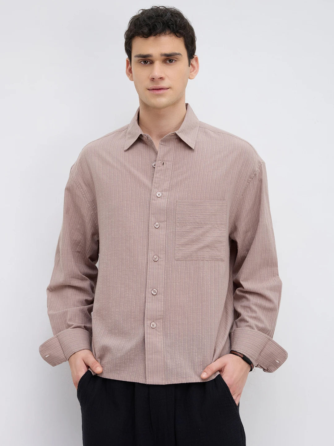Taupe Brown Fine Striped Boxy Fit Crop Shirt