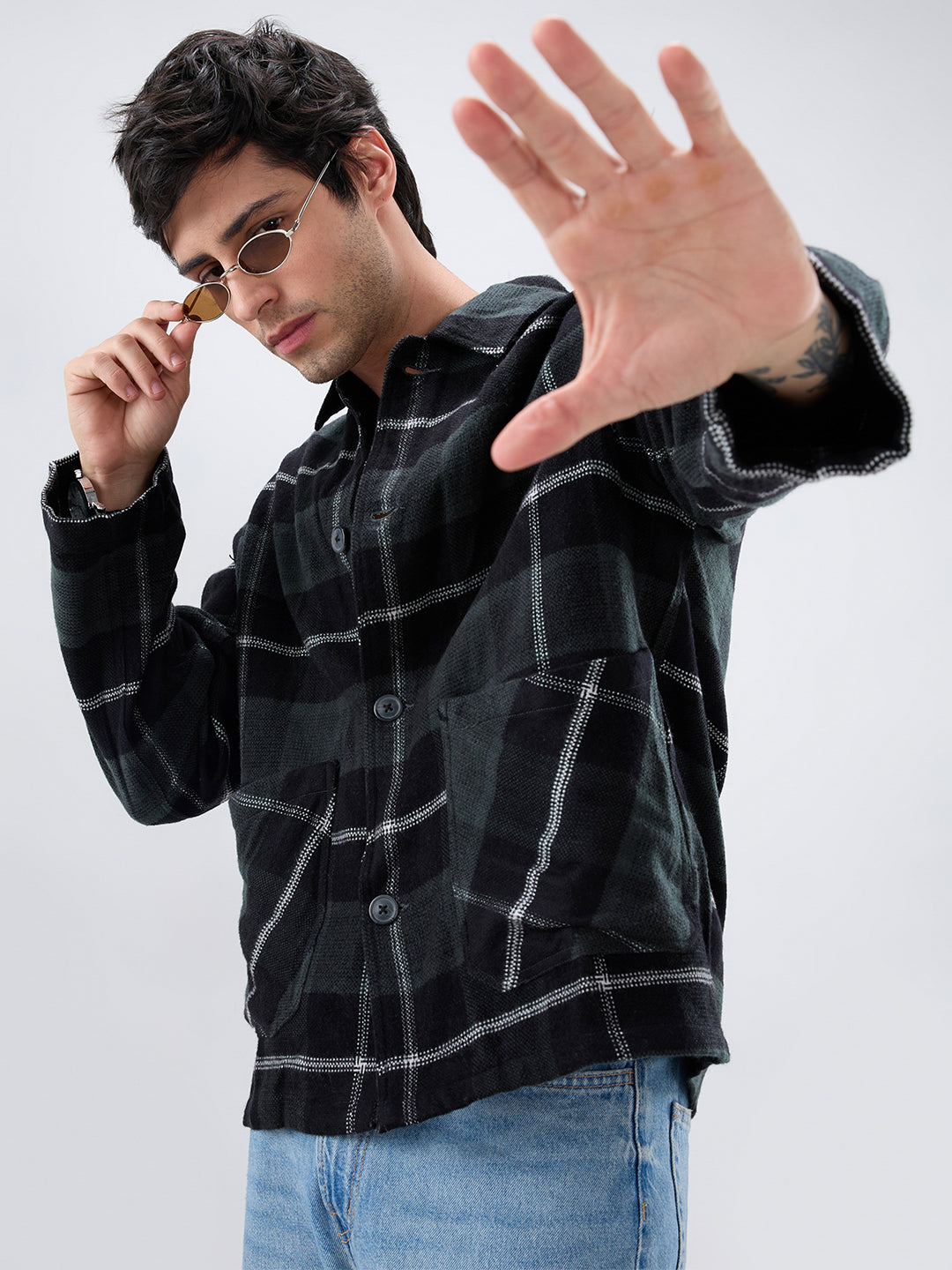 Black Flannel Plaid Checks Oversized Double Pocket Cropped Shacket