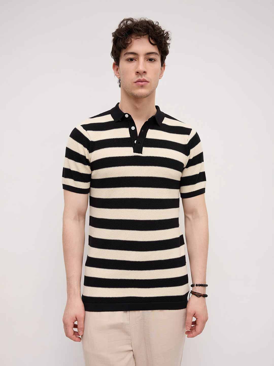 Monochrome Horizontal Striped Flat Knit Polo T-Shirt