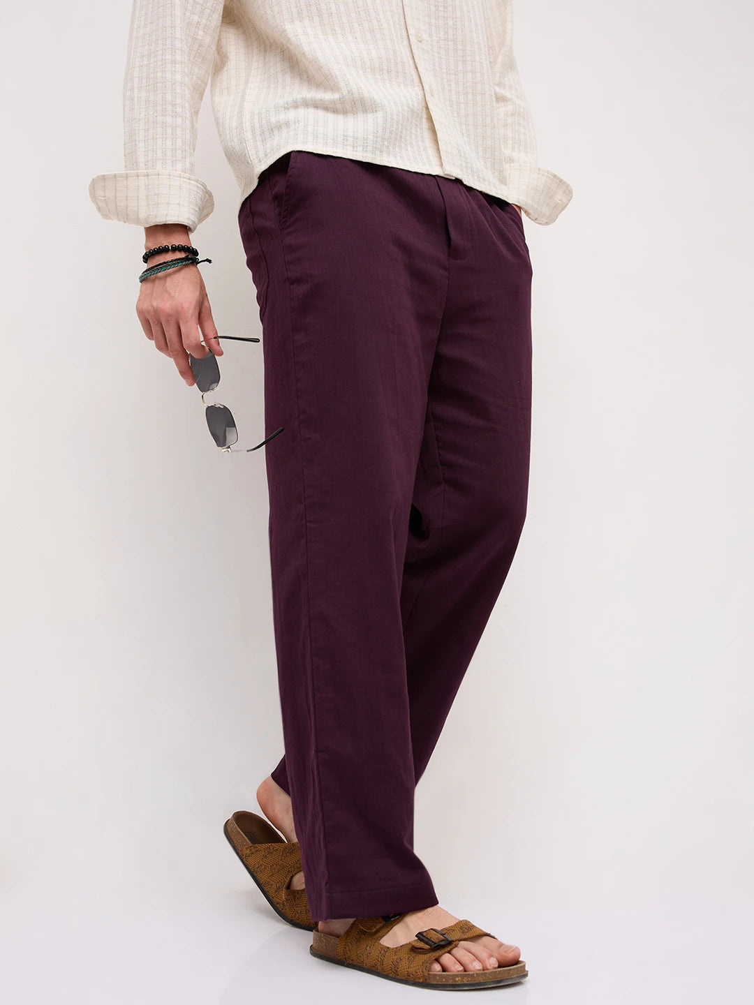 Rich Wine Fine Herringbone Textured Straight Fit Trousers