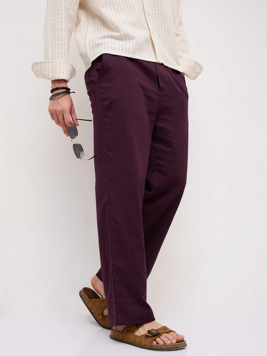 Rich Wine Fine Herringbone Textured Straight Fit Trousers