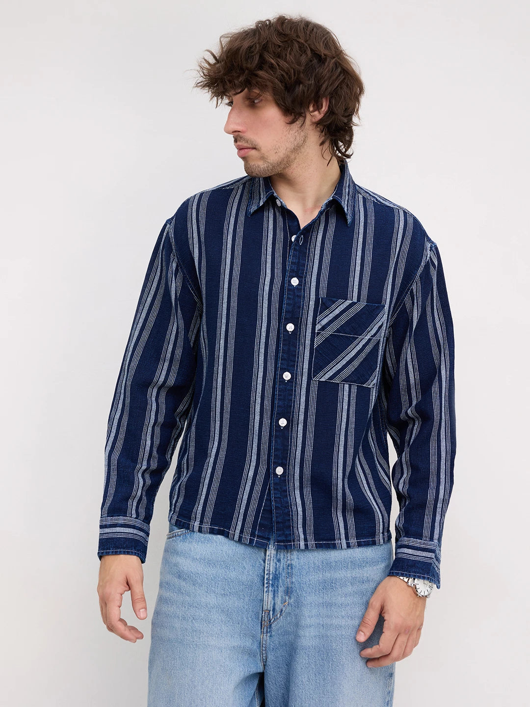 Artisan Midnight Navy Striped Denim Boxy Fit Crop Shirt