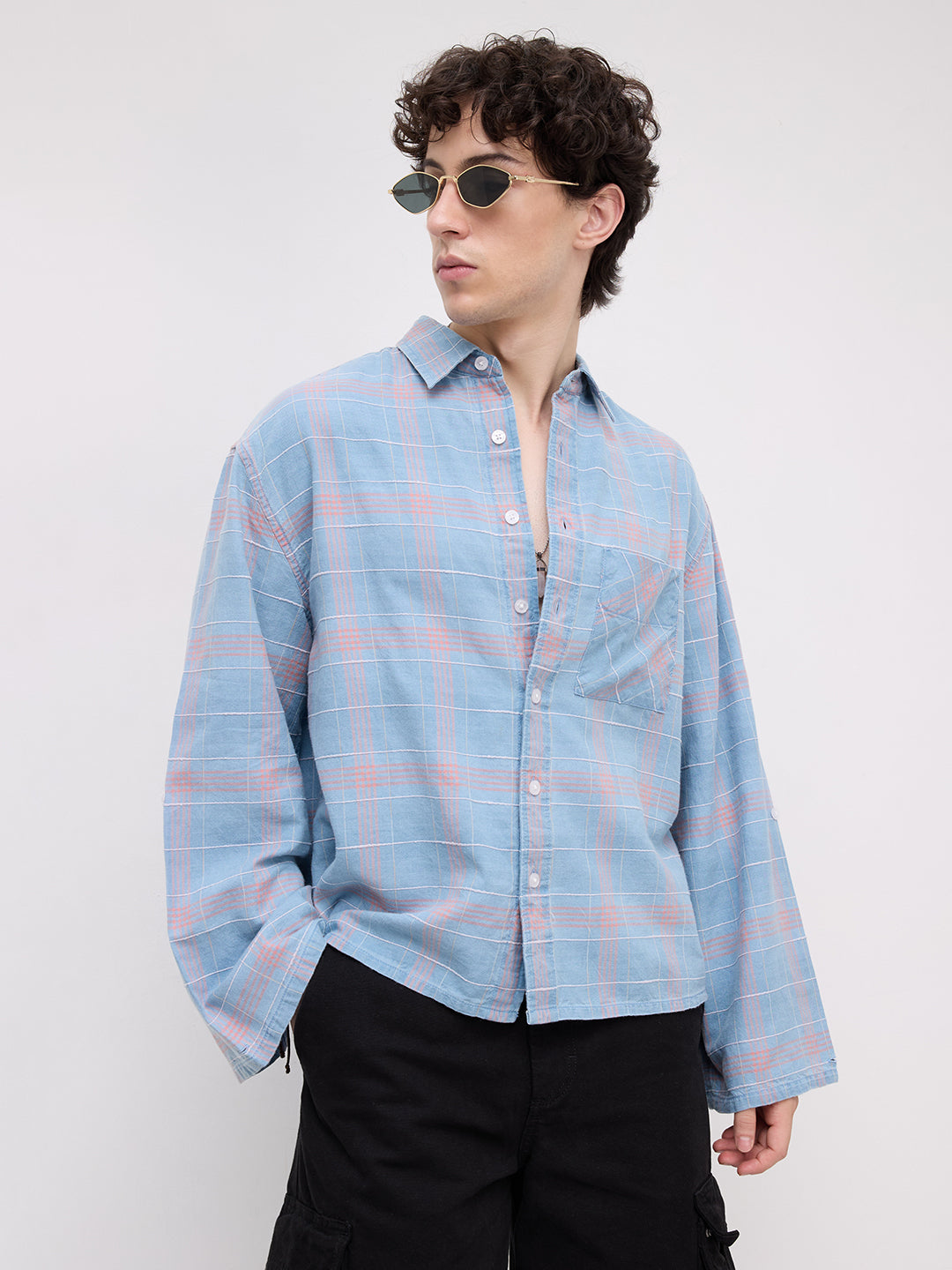 Denim Contrast Square Checks Cuffless Oversized Crop Shirt