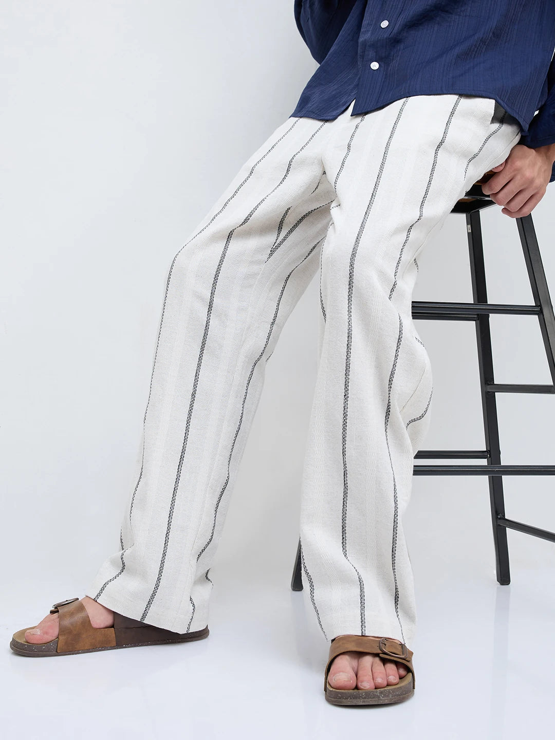 Artisan Off-White Wavy Striped Straight Fit Trousers