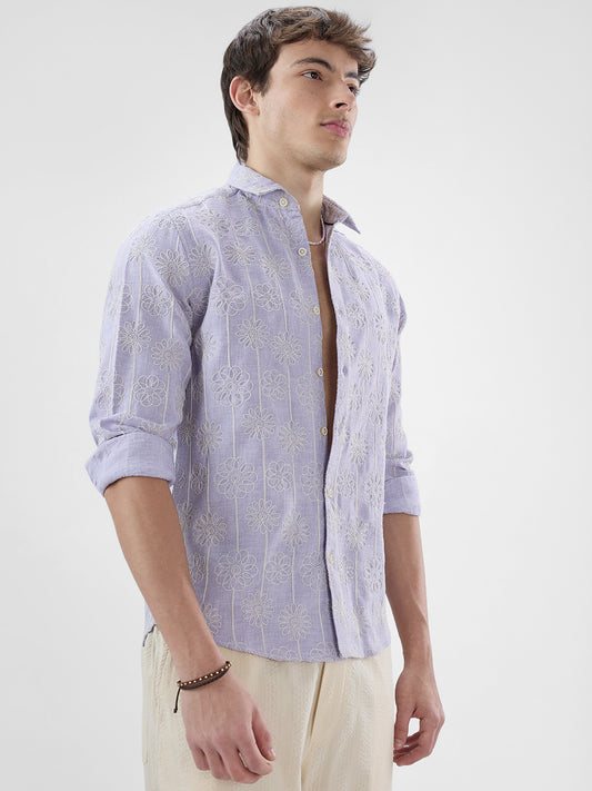 Soft Lilac Floral Embroidered Slub Shirt
