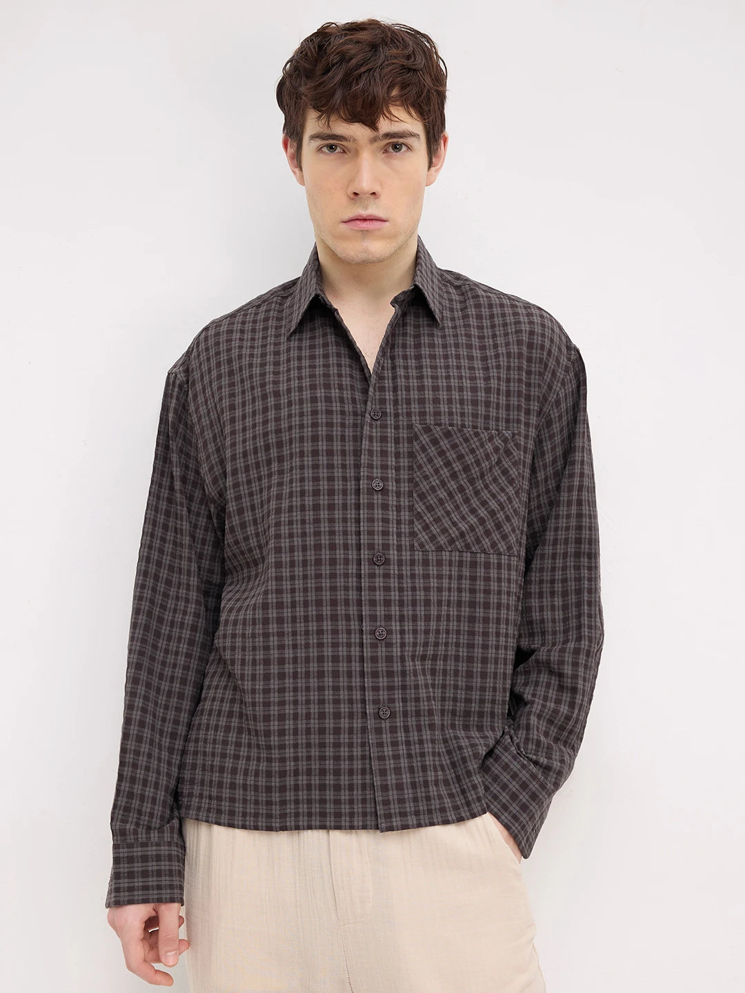 Brown & Grey Shadow Atelier Checked Boxy Fit Crop Shirt