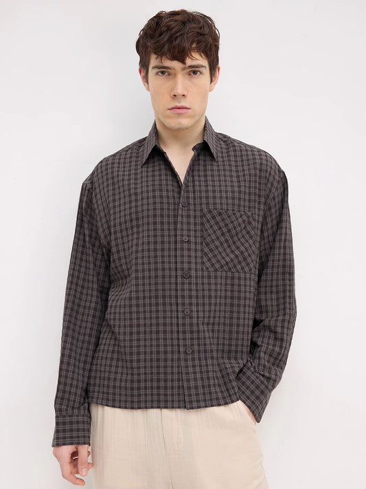 Brown & Grey Shadow Atelier Checked Boxy Fit Crop Shirt