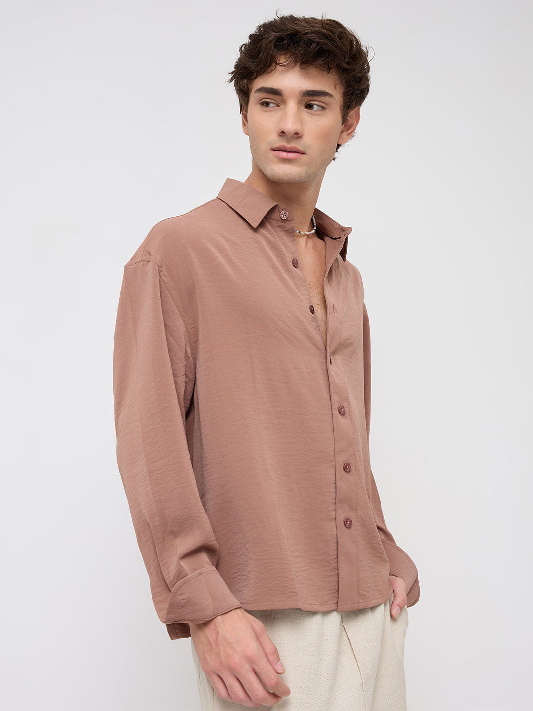 Luxe Russet Brown Ultra Soft Crinkled Boxy Fit Crop Shirt