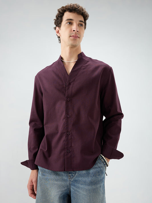 Maroon Fine Weave Oversized Stand Collar Shirt