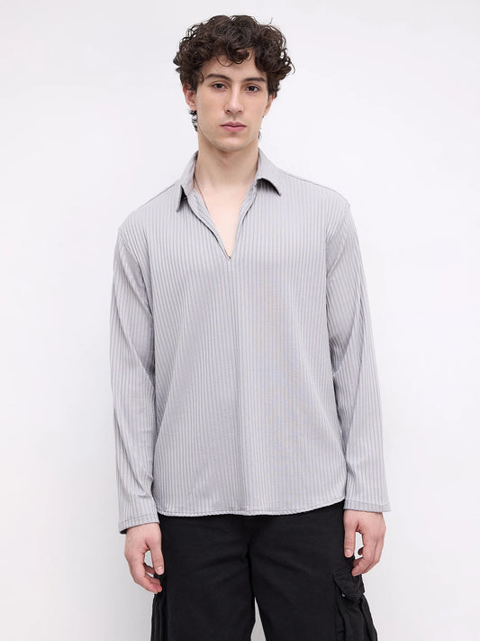 Ash Grey Dual Weave Striped Oversized Polo Knit Shirt