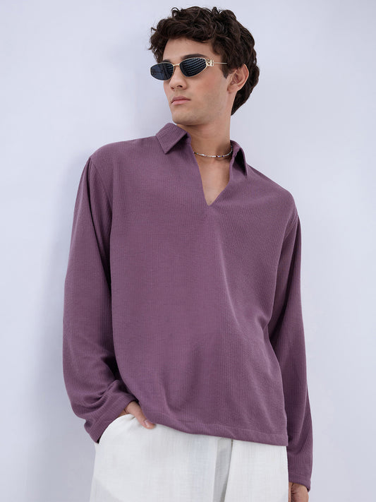 Dusty Purple Micro Weave Knitted Oversized Polo Shirt