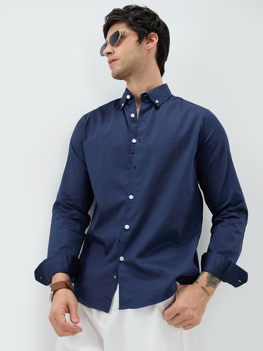 Navy Satin Luxe Button-Down Collar Shirt