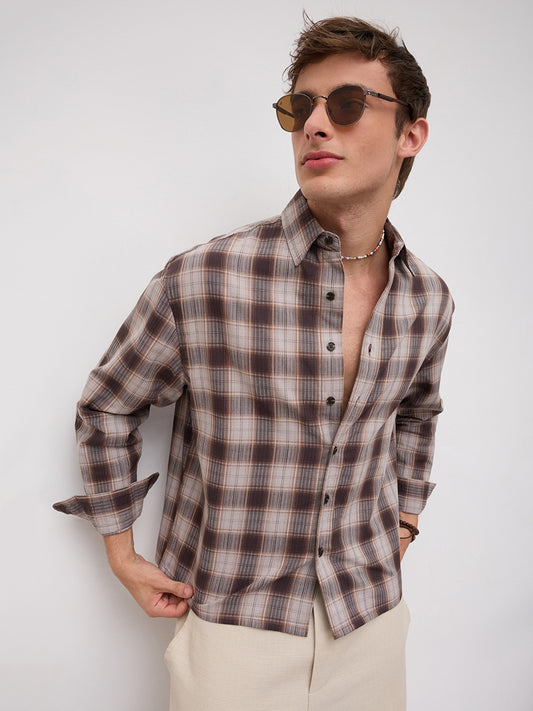 Coffee Haze Plaid Checks Boxy Fit Crop Shirt