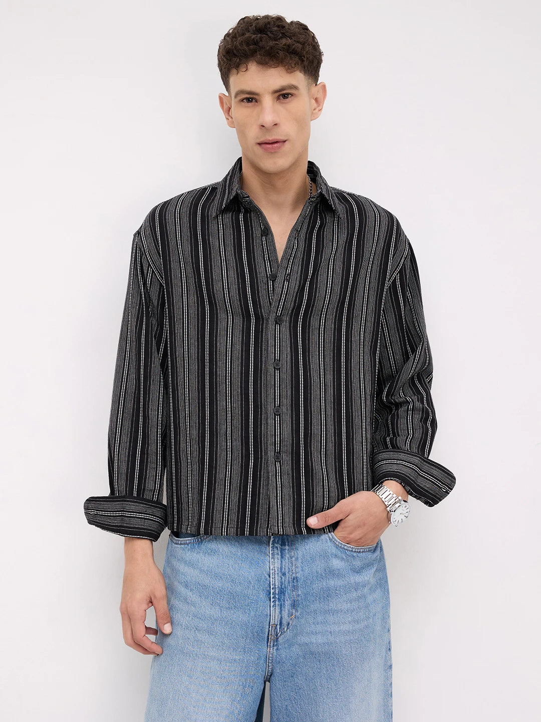 Artisan Monochrome Contrast Striped Boxy Fit Crop Shirt