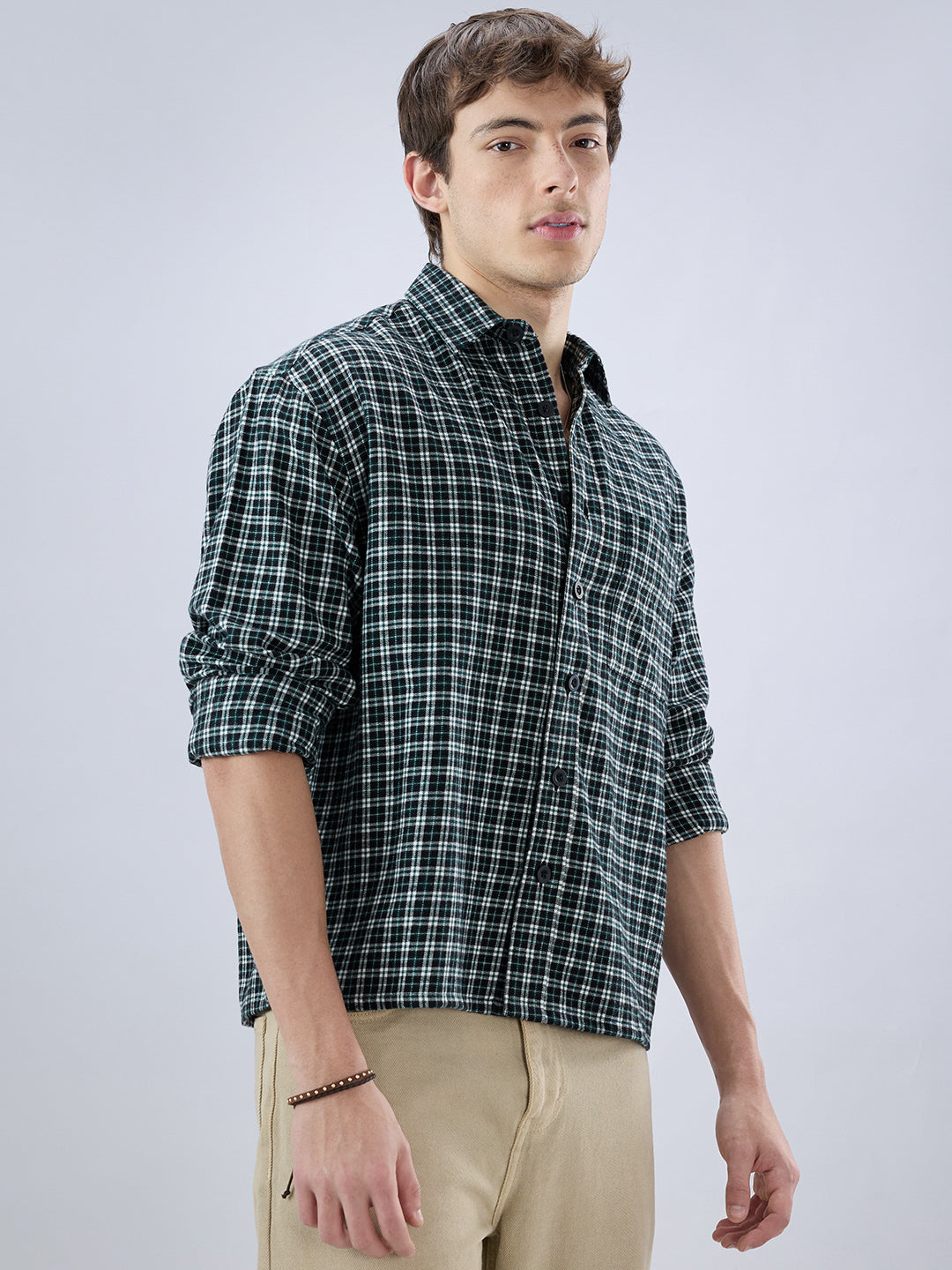 Multi Shepherd’s Check Boxy Fit Crop Flannel Shirt