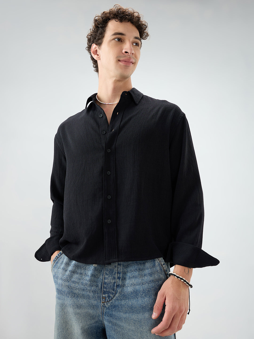 Classic Black Slub Textured Fine Weave Boxy Fit Crop Shirt