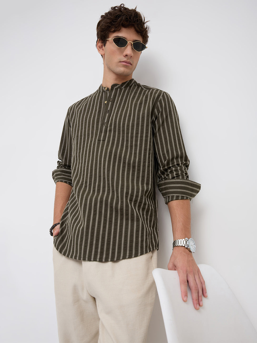 Elegant Olive Motif Seersucker Striped Embroidered Kurta