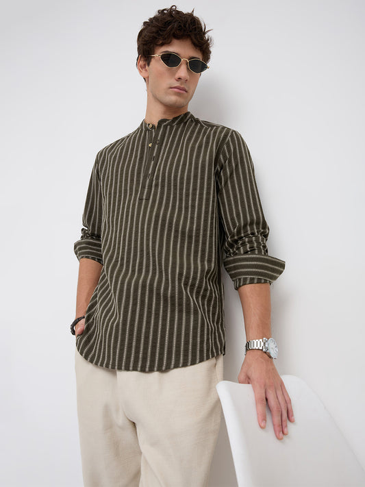 Elegant Olive Motif Seersucker Striped Embroidered Kurta