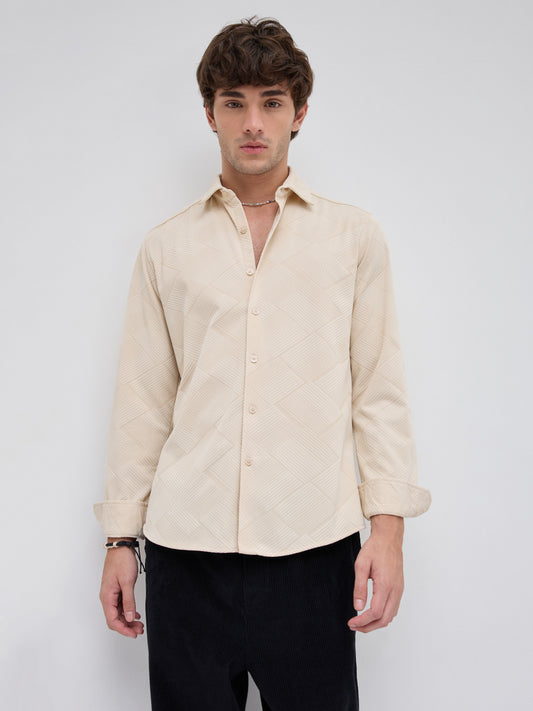 Intricate Beige Block Weave Knitted Shirt
