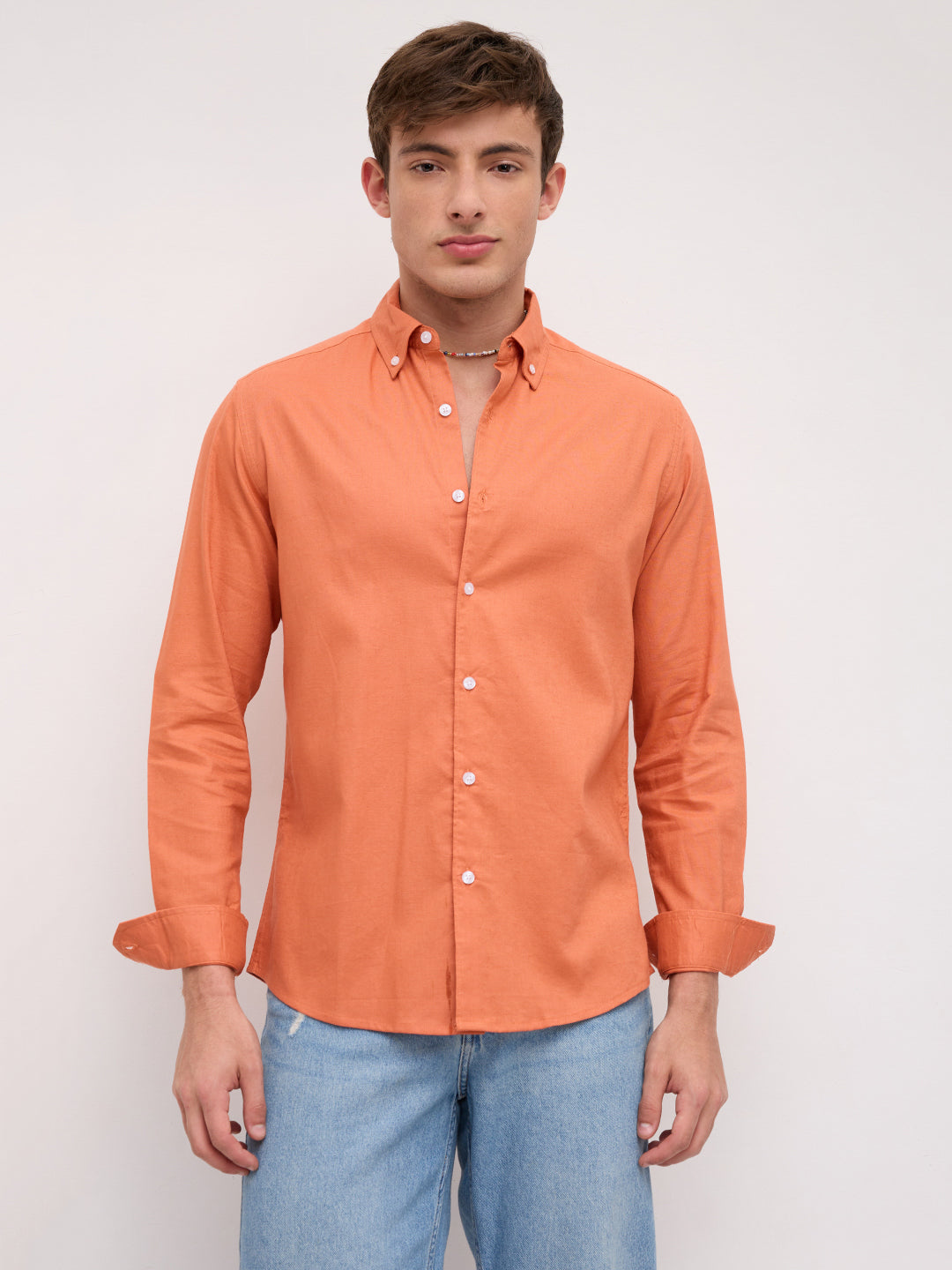 Firey Orange Oxford Linen Blend Button-Down Collar Shirt
