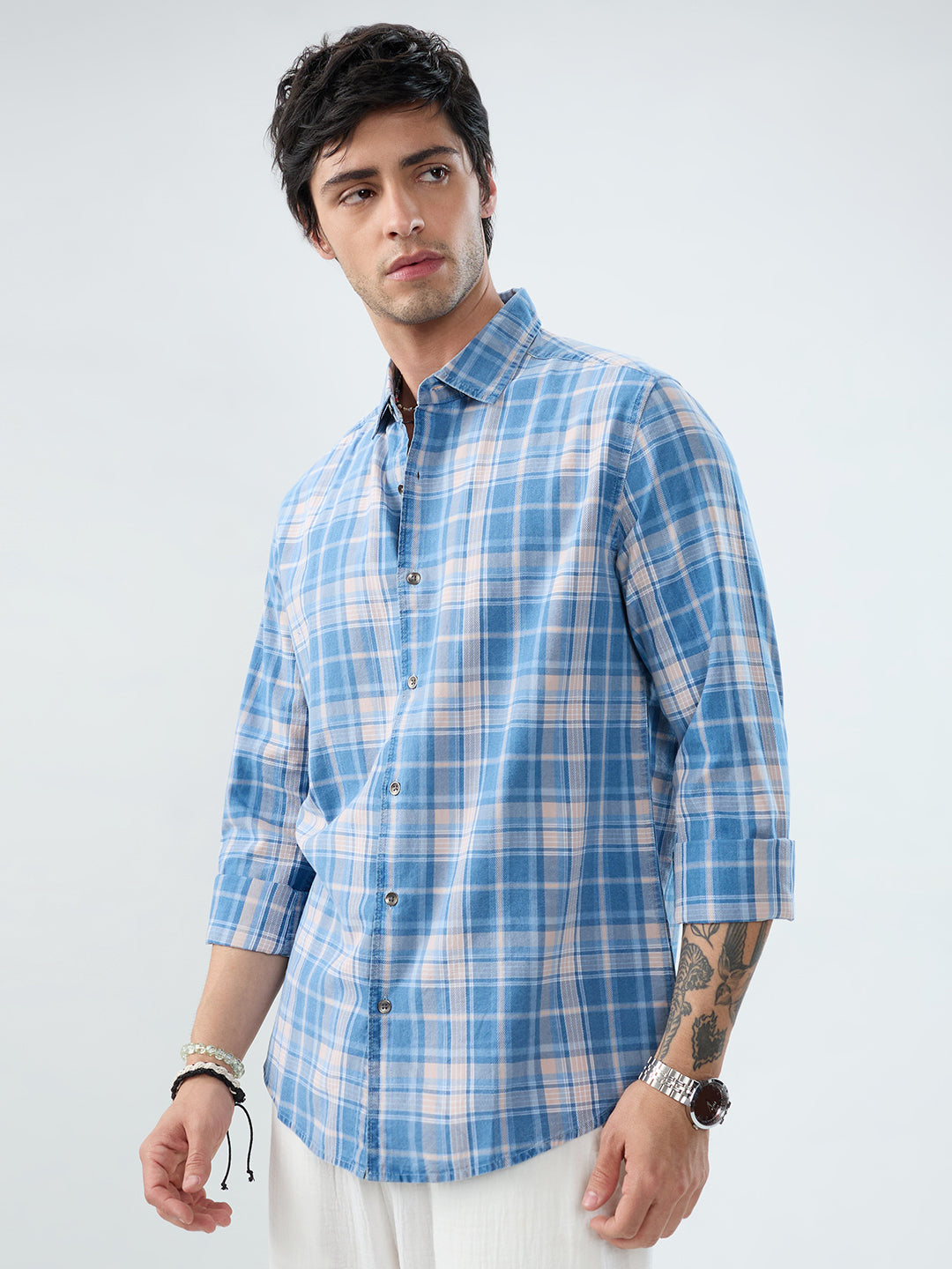 Denim Blue & Peach Plaid Checks Shirt