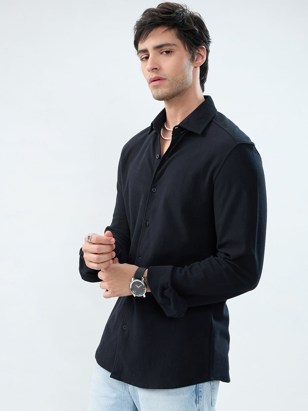 Classic Black Textured Knit Shirt