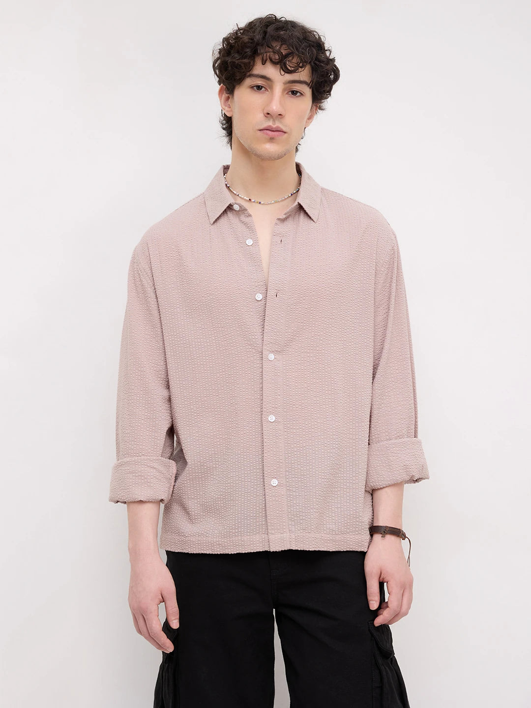 French Beige Seersucker Cuffless Oversized Crop Shirt