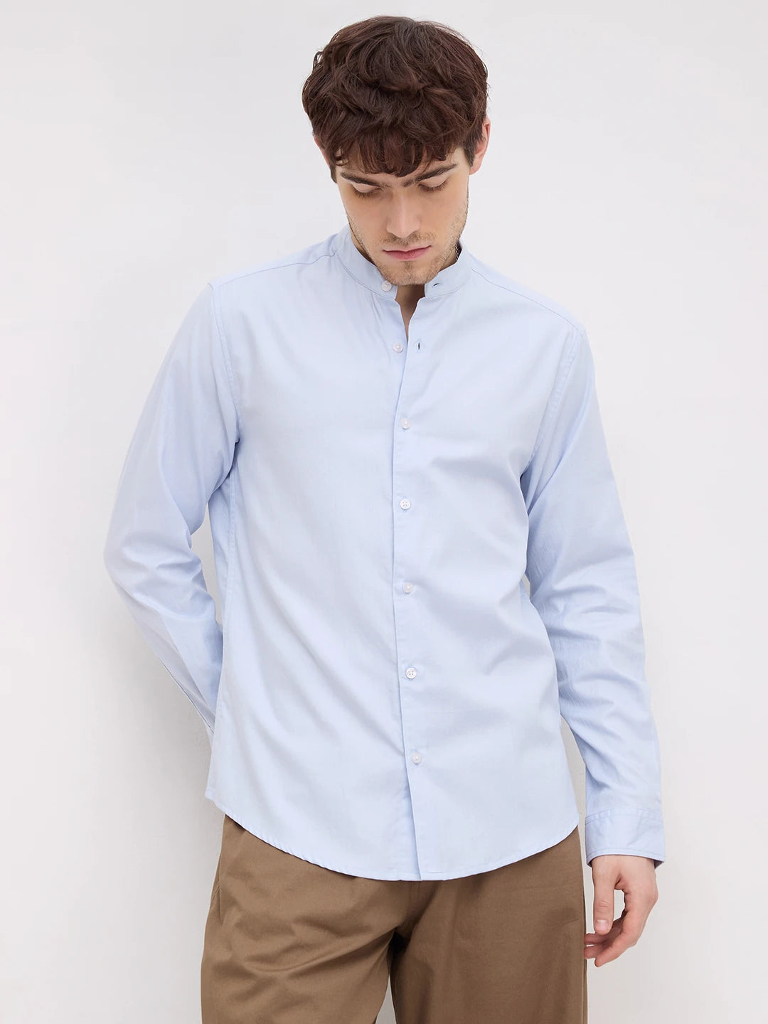 Pastel Blue Herringbone Textured Mandarin Shirt