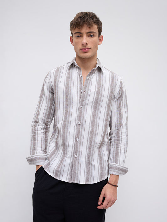 Saddle Brown & White Fine Striped Linen Blend Shirt