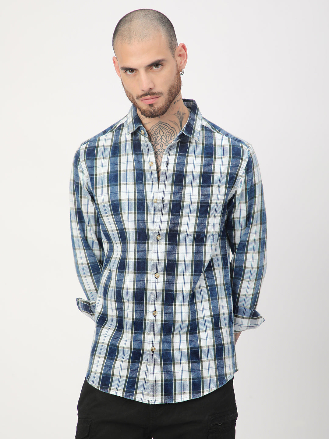 Denim Olive & Navy Plaid Checks Shirt