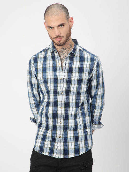Denim Olive & Navy Plaid Checks Shirt