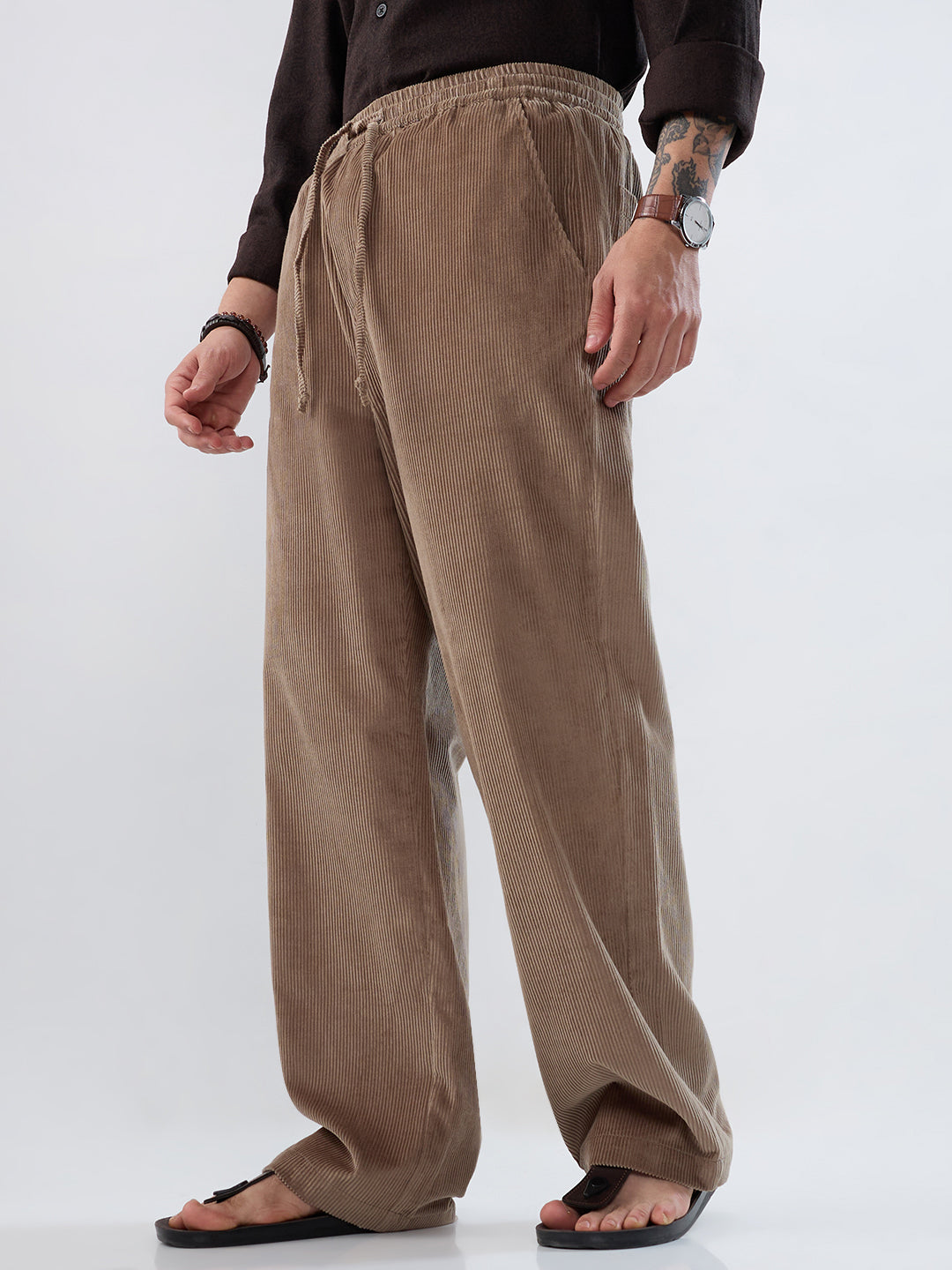 Pastel Olive Corduroy Straight-Fit Trousers