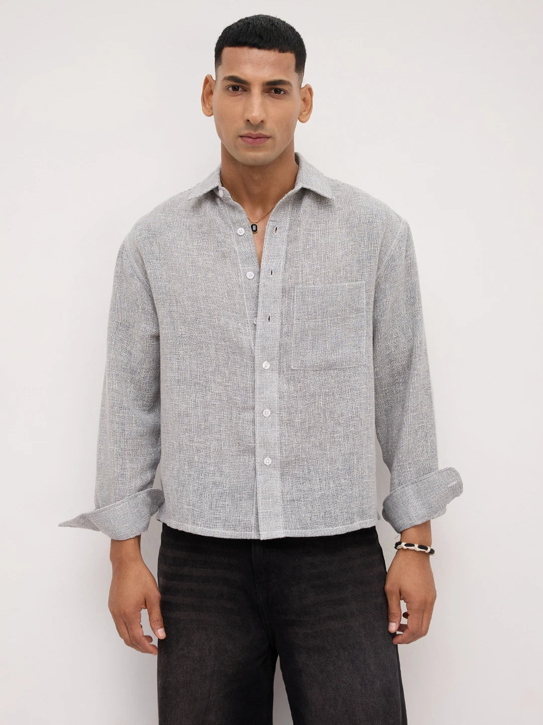 Frost Grey Crosshatch Grid Textured Boxy Fit Crop Shirt