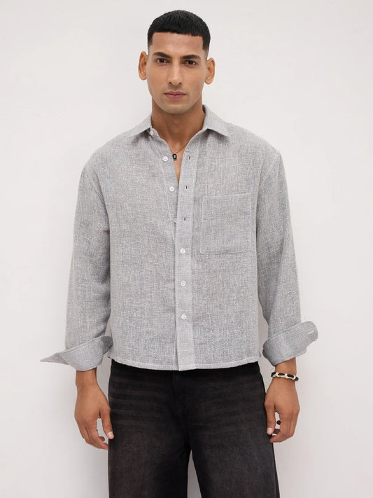 Frost Grey Crosshatch Grid Textured Boxy Fit Crop Shirt