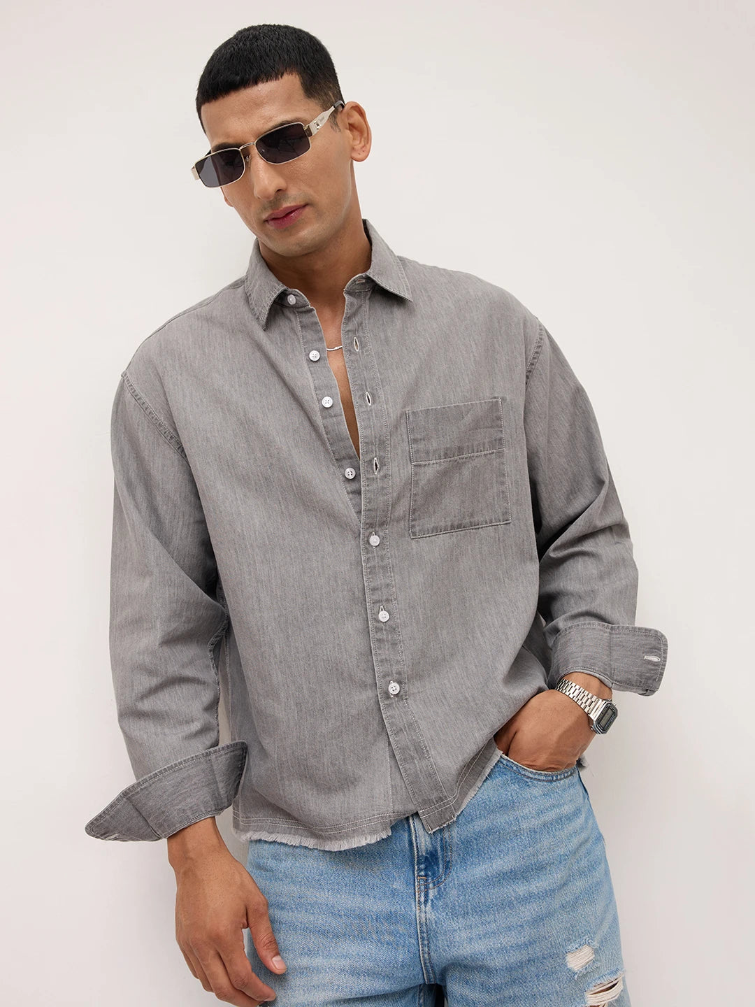 Refined Stonewashed Grey Boxy Fit Crop Shirt