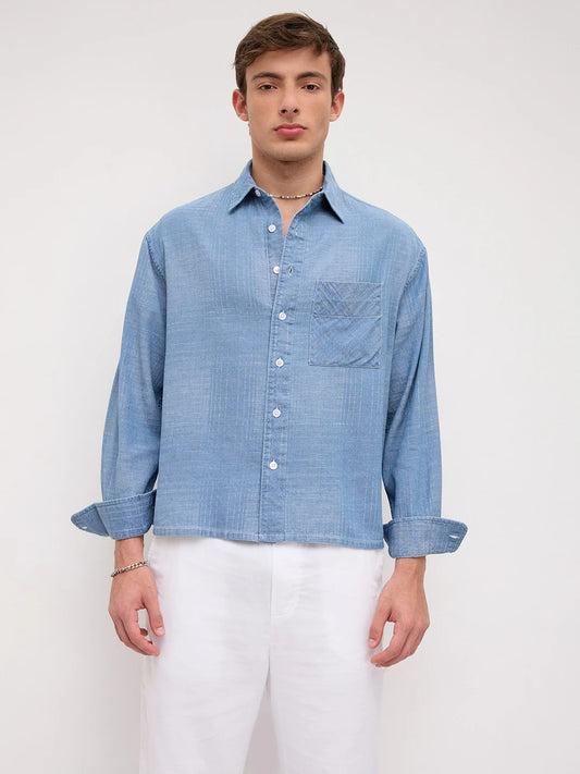 Luxe Denim Checks Boxy Fit Crop Shirt
