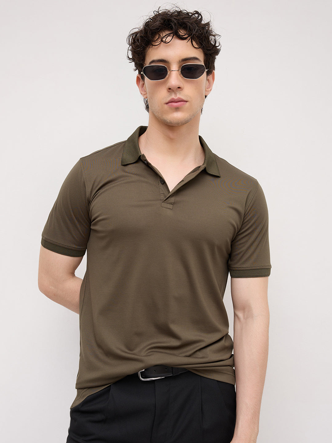Plush Olive Honeycomb Polo Collar Knit T-Shirt