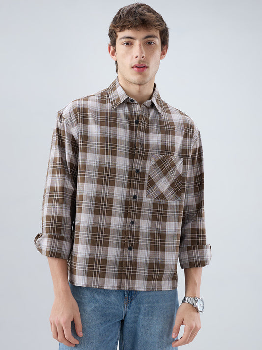 Deep Brown & White Plaid Checks Boxy Fit Crop Shirt